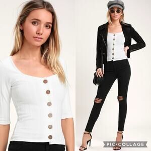 Free People Central Park White Three-Quarter Sleeve Ribbed Sweater White Size XS